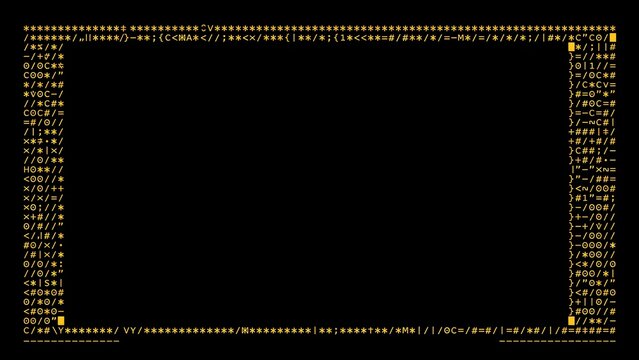 Vibrant glowing amber ASCII text art framing a dark empty center on pitch black background, retro terminal computer coding aesthetic for tech presentation.