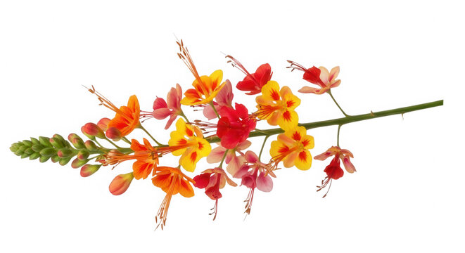 Bright orange and yellow peacock flower branch on a stem isolated on transparent background
