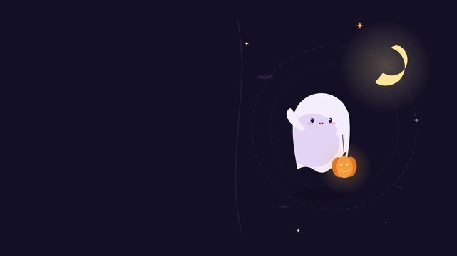 Cute little ghost with a pumpkin lantern waving on a dark spooky night for Halloween background4 4K Video 