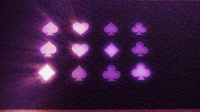 Neon purple card suit icons on textured wall.