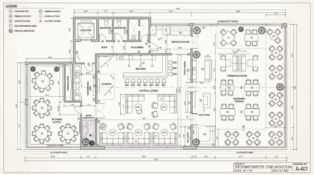 Architectural floor plan for the summit rooftop featuring furniture layout and seating arrangements