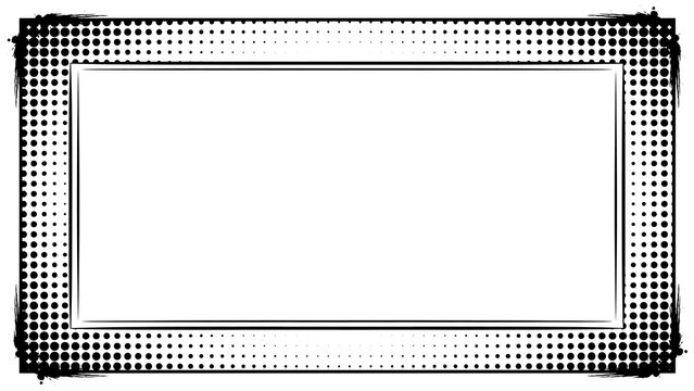 Stunning black and white comic book halftone dot pattern rectangular frame featuring grungy ink splashes, perfect for retro pop art poster designs and banners.