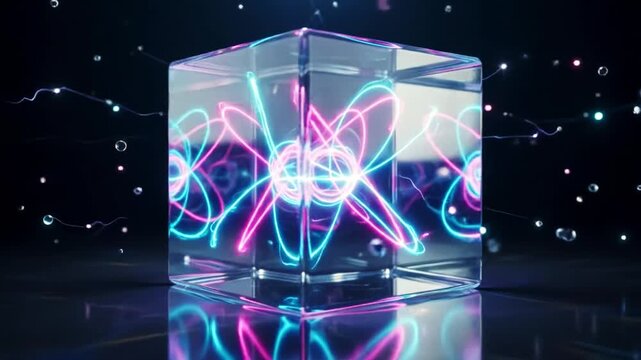 Atomic energy neon atom rotating inside crystal cube