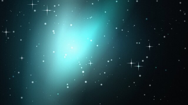 Dark teal and cyan nebula background, with a bright, glowing center and, scattered white stars, with sparkling light, flares in deep space