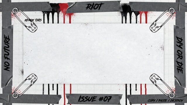 Edgy punk rock zine layout with duct tape, safety pins, red and black paint drips, distressed typography for rebellious underground music flyers and posters.