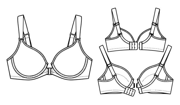 Molded Cup Front Closure Lingerie Bra Technical CAD Vector Illustration