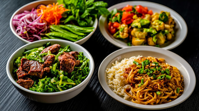 A close-up of a table with five bowls of food including meat vegetables and noodles arranged in a square pattern