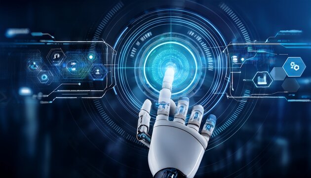 futuristic digital interaction a robot hand engaging with high tech data display and user feedback interface