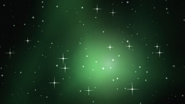 Deep green space background, with a soft, glowing light center, featuring scattered white, stars and sparkling, cross-shaped flares in, the void