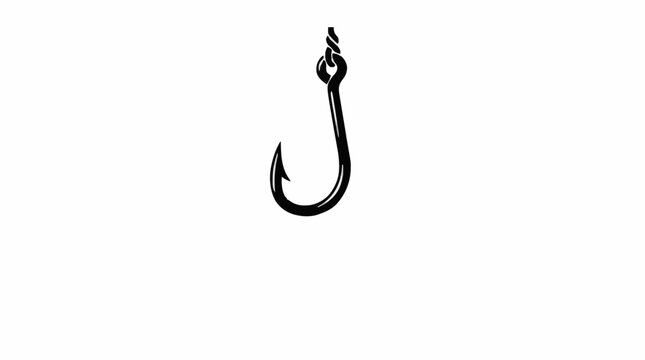 Single Black Silhouette Of A Fishing Hook With A Tied Loop Knot Isolated On A White Background For Fishing Equipment And Sport Concepts