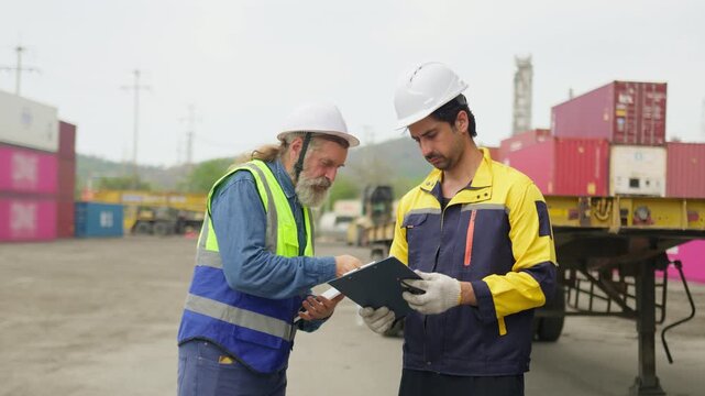 Two logistics workers discuss a shipping manifest on a clipboard in a container yard, collaborating on supply chain management and cargo inspection.
