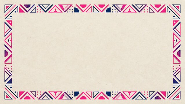 Vibrant geometric border illustration with pink and blue tribal triangular patterns on textured beige parchment background for creative projects.