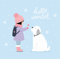 Cute winter illustration of a girl in a pink hat and coat offering a lollipop to a fluffy white dog in falling snow, with “hello winter” lettering, snowflakes and a soft blue background