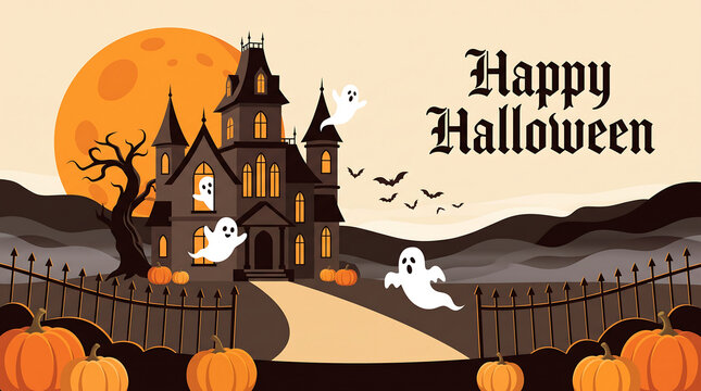 Halloween haunted house party scene with full moon, pumpkins, and flying ghosts at night