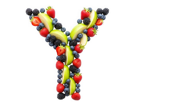 Letter Y made of fresh mixed berries and green apple slices isolated on transparent background