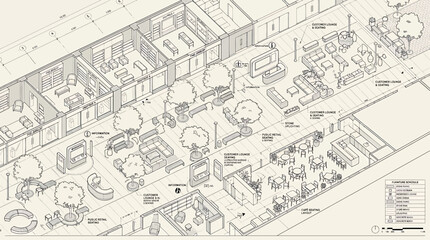Fototapeta premium Isometric architectural view of a luxury retail boulevard with customer lounge and cafe seating