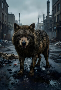 Wild wolf standing on a dirty street in a desolate industrial city with factories and smoke stacks under a gloomy sky