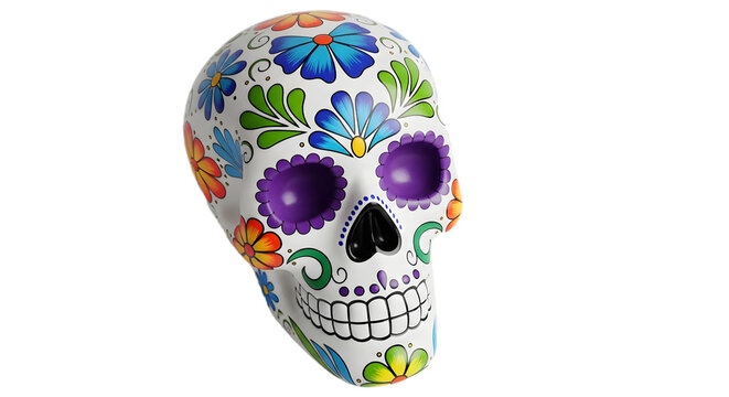 Decorative day of the dead sugar skull with colorful floral patterns isolated on transparent background