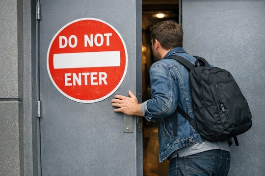 A person carrying a backpack stands before a warning sign, indicating restricted access