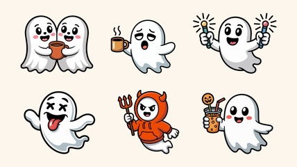 Naklejka premium Set of six cute cartoon ghost characters for halloween, featuring ghosts with coffee, glow sticks, devil costume, and pumpkin drinks