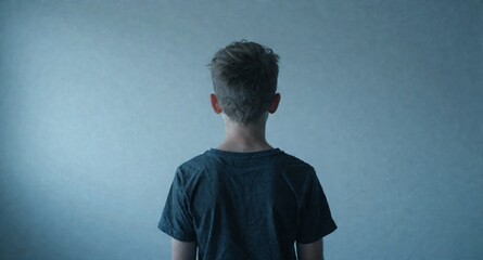 Obraz premium Young Man Back View Against Minimalist Blue Background Studio Portrait