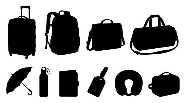 Travel gear and luggage icon set with trolley suitcase backpack messenger bag duffel bag umbrella water bottle passport luggage tag neck pillow and toiletry bag black vector illustration