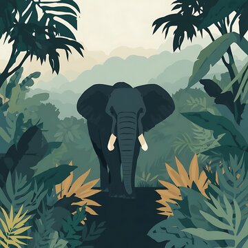 Large elephant standing in a green tropical rainforest