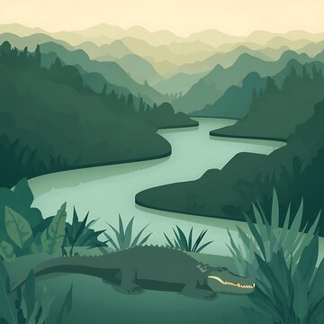Beautiful river flowing through green mountains and hills