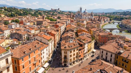 Fototapeta premium Panoramic view of Siena's historic cityscape with terracotta roofs and a river