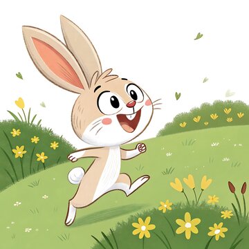 Happy cartoon rabbit running in a meadow
