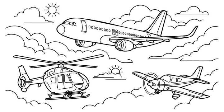 Aviation adventure coloring page featuring jet airplane helicopter and propeller plane amidst fluffy clouds