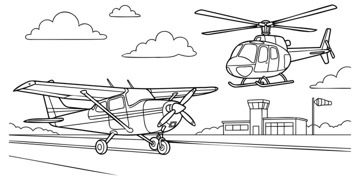 Coloring page featuring a propeller plane on the runway and a helicopter flying above the airport terminal