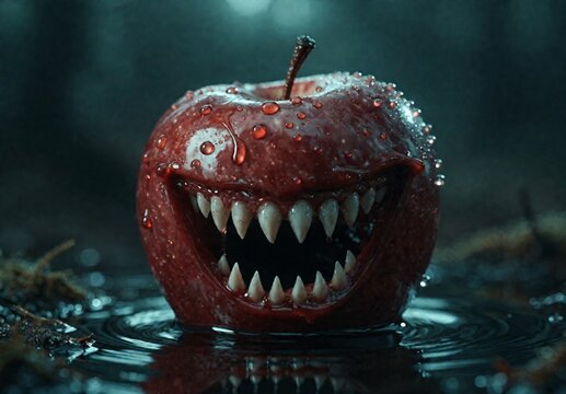 Evil Apple Monster with Sharp Teeth in Dark Water