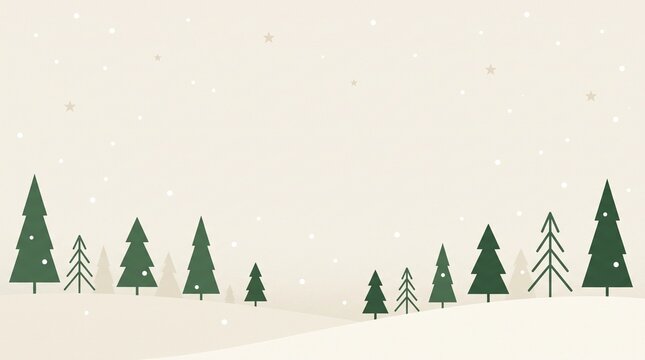 Scandinavian Christmas background vector, minimalist Nordic forest scene with stylized pine trees, tiny stars and gentle falling snow, muted cream and forest green palette, spacious composition with l