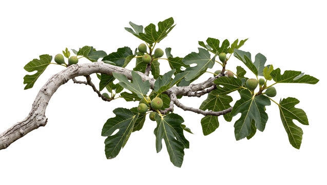 Fig Tree Branch Ficus Carica with Unripe Figs Isolated on Black Background