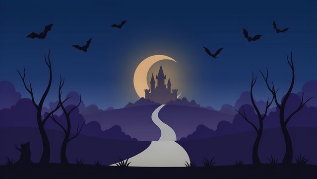 Spooky haunted castle with a full moon and ghostly apparitions at night