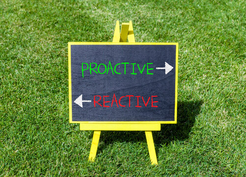Proactive and reactive symbol. Concept word Proactive Reactive on beautiful yellow blackboard. Beautiful green grass background. Business proactive and reactive concept. Copy space.
