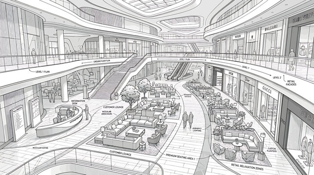Architectural sketch of a luxury shopping mall interior with lounge areas and retail storefronts