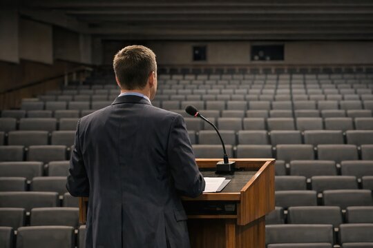 A professional man in business attire stands at a podium, possibly speaking to an audience