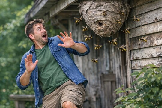 A person attempting to retrieve a swarm of bees, focusing on the action