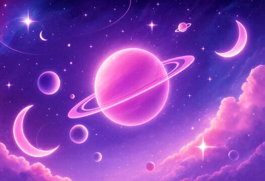 A dreamy celestial landscape featuring a large glowing ringed planet surrounded by multiple moons shining stars and soft purple clouds in space