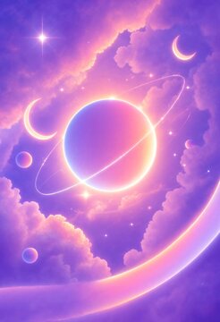 A dreamy fantasy celestial background featuring a glowing planet with rings surrounded by soft pastel purple clouds and multiple crescent moons