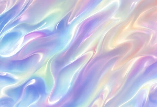 Abstract background featuring smooth iridescent wavy liquid fabric with soft pastel rainbow gradient reflections creating a futuristic metallic ripple effect texture