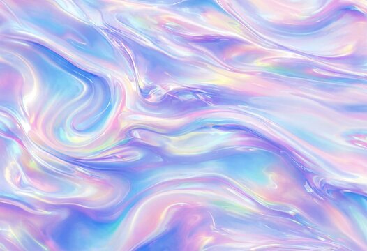Abstract holographic background featuring flowing liquid texture with iridescent light reflections in soft pastel pink blue and purple color tones