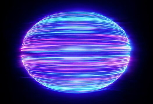 Abstract glowing sphere made of colorful blue and purple neon light streaks forming a circular shape isolated on dark black background