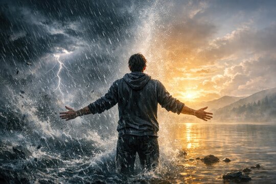 A person stands in shallow water with their arms stretched out, great for use as a metaphorical or literal representation of embracing change
