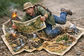 Fototapeta premium A person lying down studying a map outdoor, useful for adventure travel or navigation scenarios