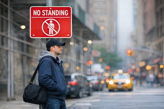 A person standing beside a 'No Standing' sign on the sidewalk