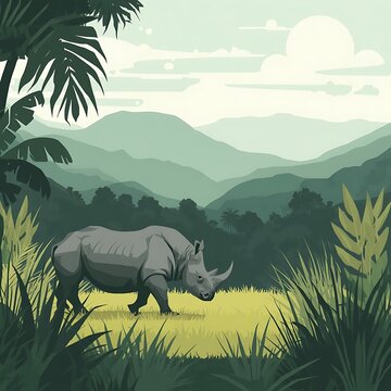 Rhinoceros walking in a jungle landscape illustration
