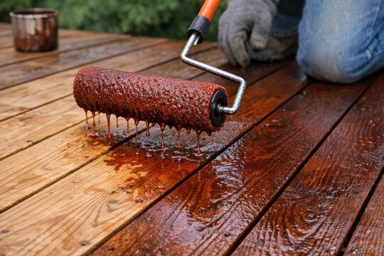 A person painting a wooden deck with a paint roller, a straightforward and practical scene